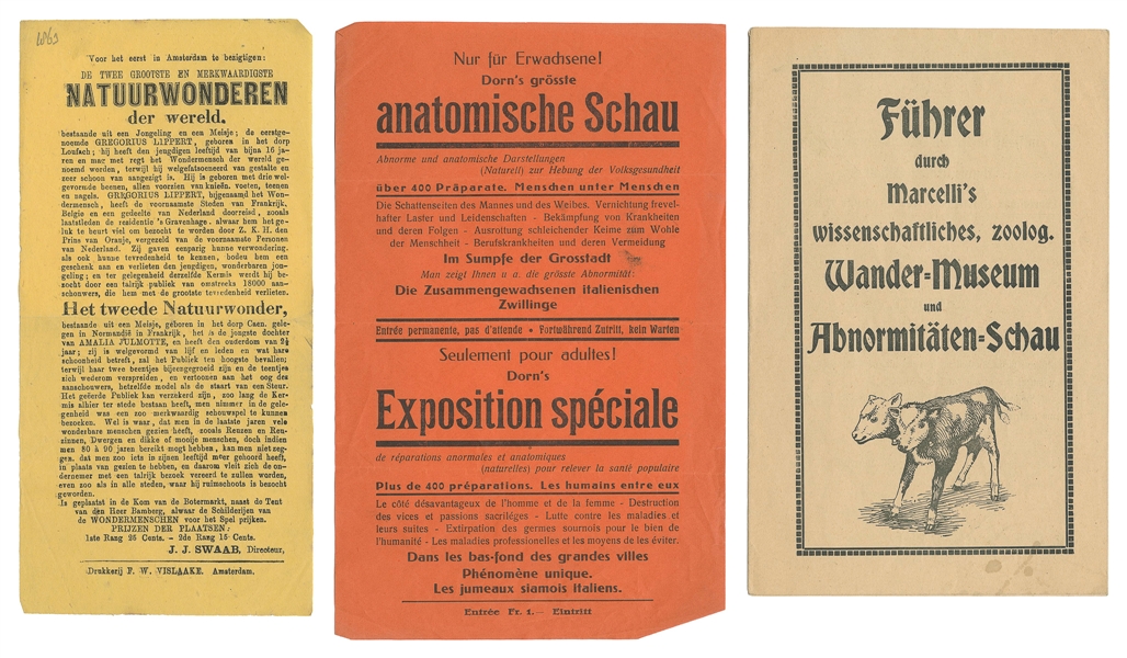  [SIDESHOWS]. Group of two handbills for sideshows, a progra...