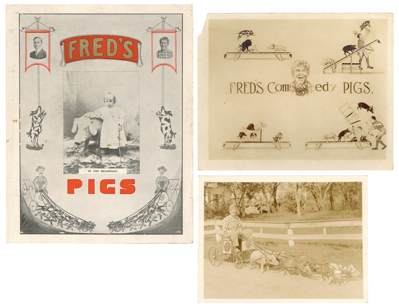  [TRAINED PIGS]. Fred’s Pigs. Brochure and two photographs. ...