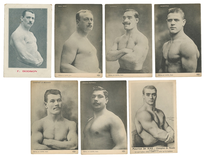  [POSTCARDS]. Seven Postcards of Strongmen. Paris, 1900s. Si...