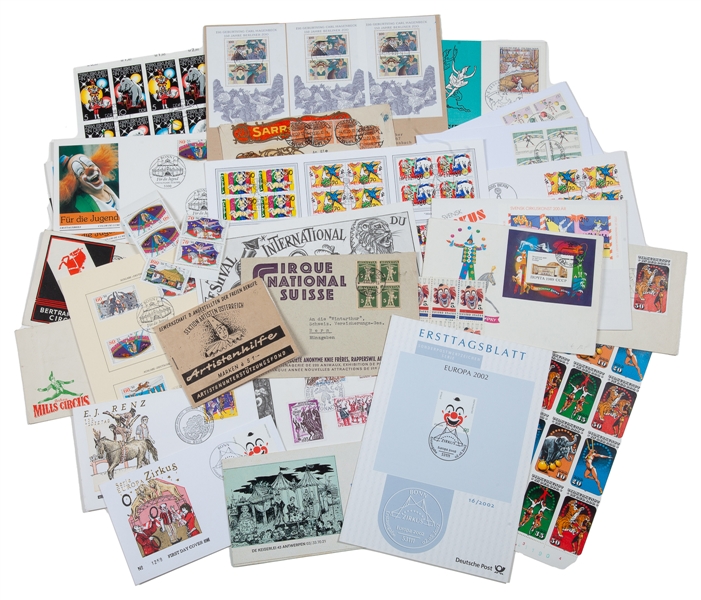  Group of circus-themed stamps and FDCs. Including 32 first ...