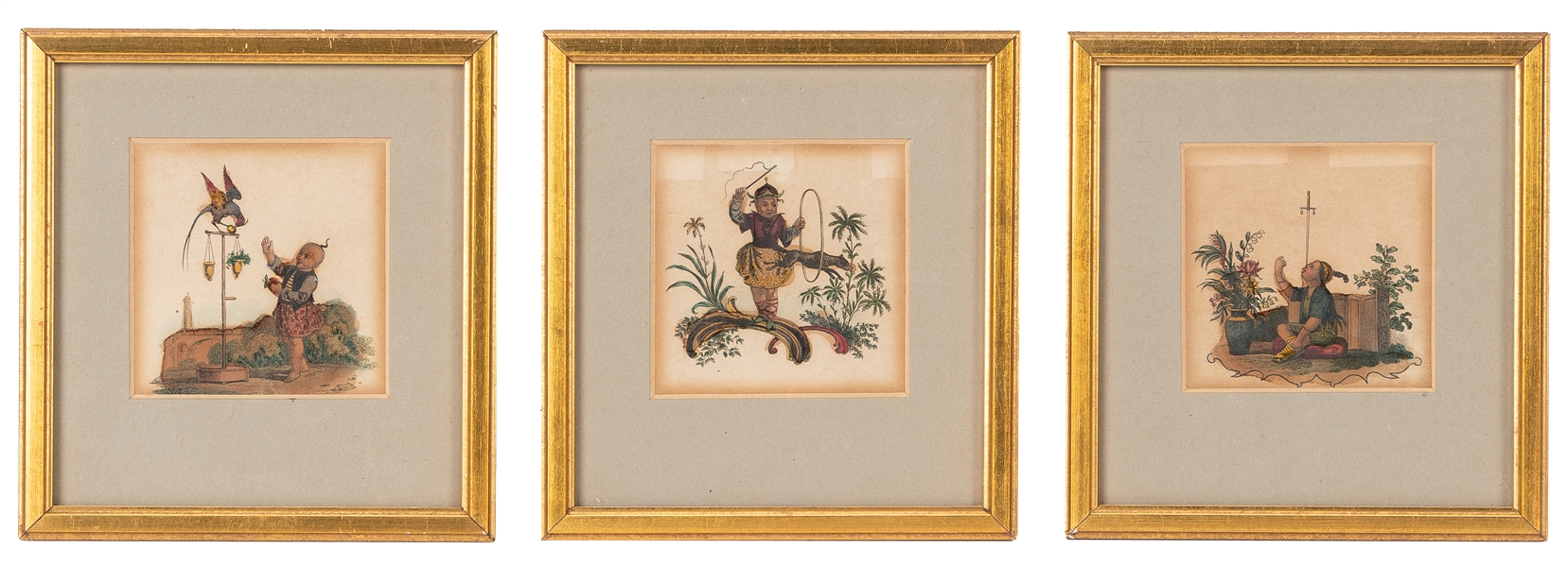  Three miniature Chinese circus engravings. Circa 1830s. Thr...