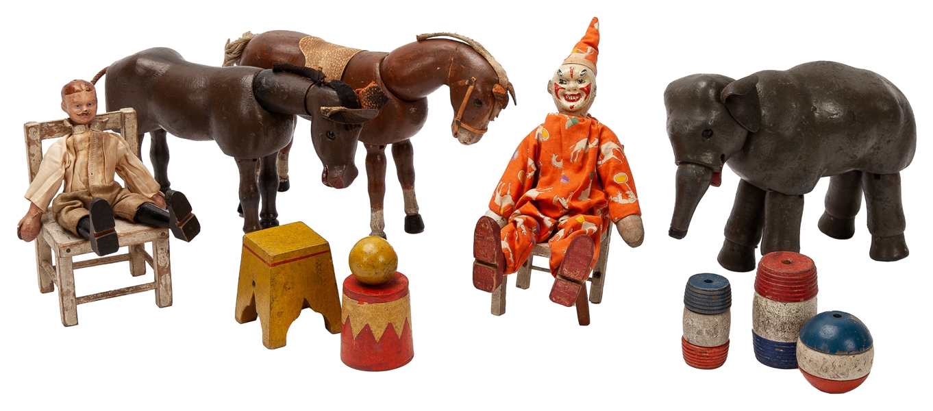  Group of 5 Schoenhut Circus figures and accessories. Thirte...