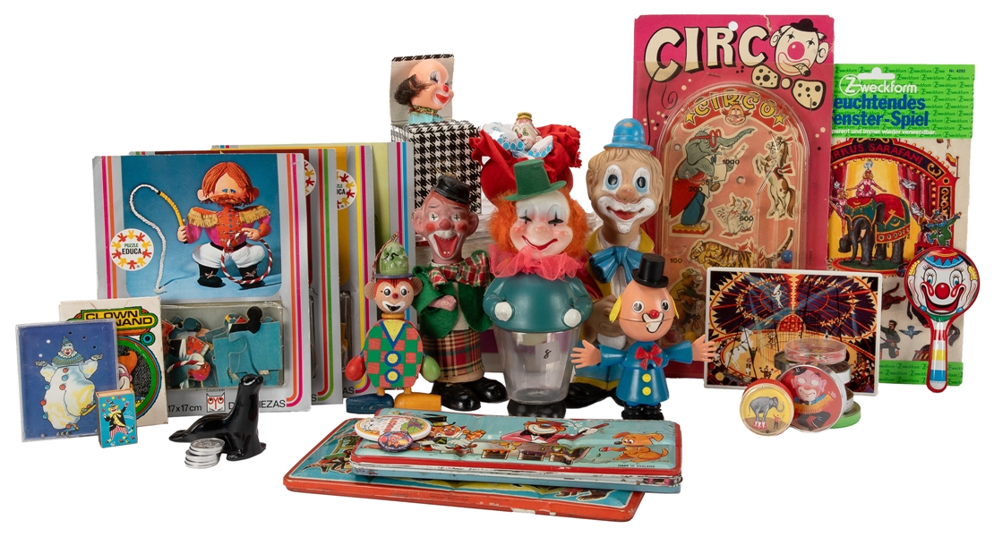  Group of assorted clown-related collectibles. Including: sm...