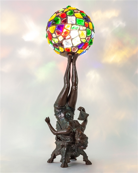  Female Acrobat Stained Glass Globe Lamp. Circa 1920s-30s. C...