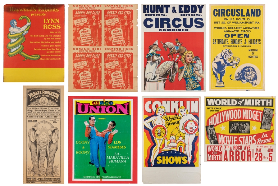  Eight Circus and Sideshow Posters. Circa 1940s—70s. Include...