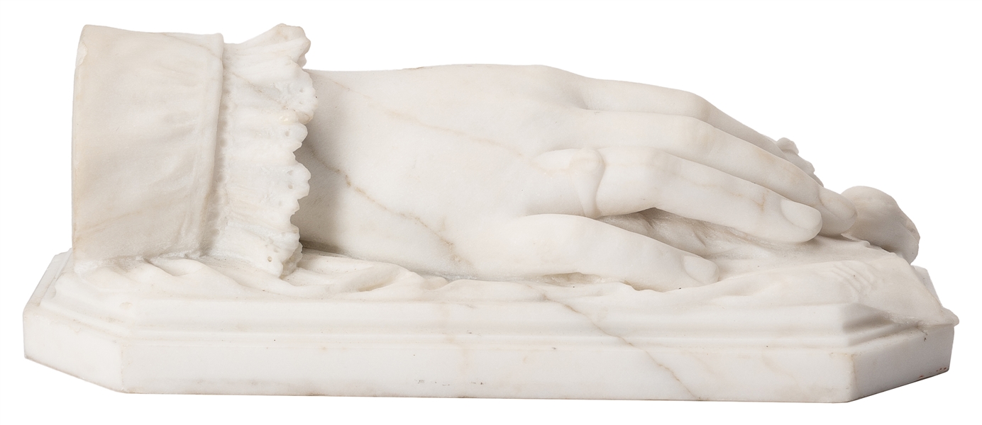  19th century marble hand memorial sculpture. Signed at base...