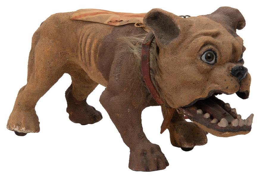  English bulldog growler pull toy. Flocked papier-mache body...