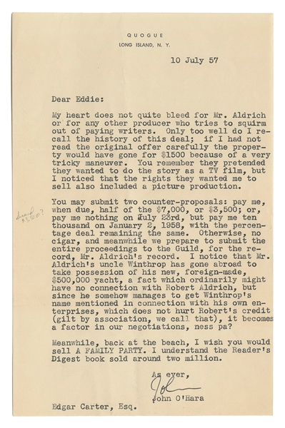  O’HARA, John (1905-1970). Typed letter signed (“John”) to a...