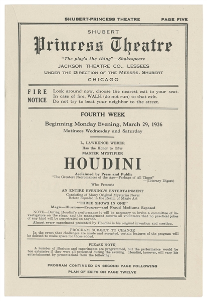  HOUDINI, Harry (Erik Weisz, 1874 – 1926). Houdini Theatrica...