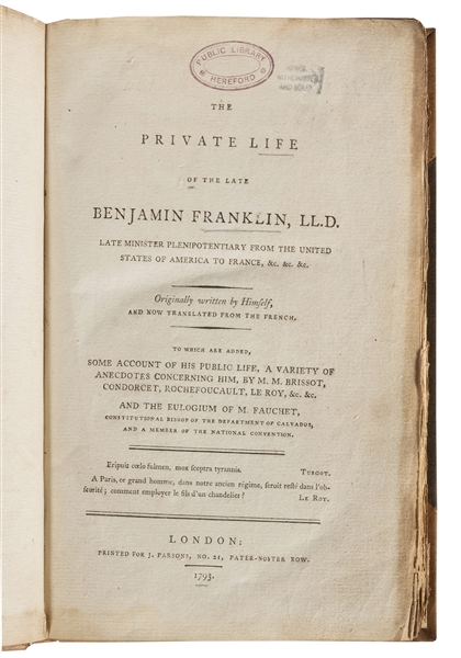 FRANKLIN, Benjamin (1706-1790). The Private Life of the Late Benjamin Franklin. London: for J. Parsons, 1793.