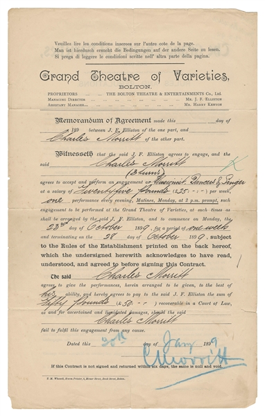  MORRITT, Charles (1860 – 1936). Theatrical Contract Signed ...