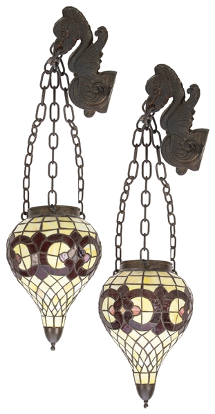  Pair of Hanging Apothecary / Soda Fountain Stained Glass Sh...