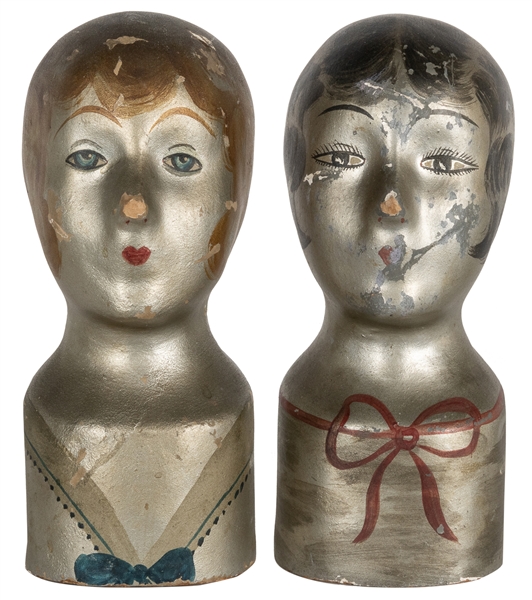  Art Deco-Style Pair of Papier Mache Female Busts. Circa 192...