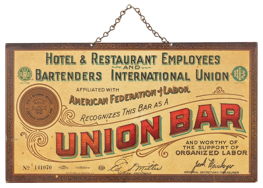  Hotel & Restaurant Employees Union Bar Hanging Sign. Roches...