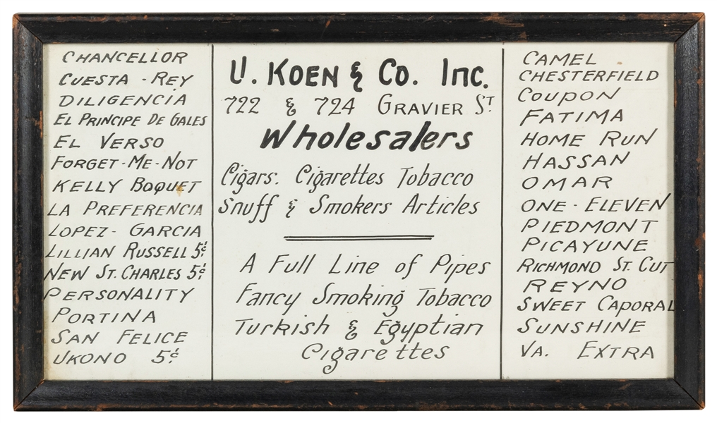  U. Koen & Co., Inc. Hand-Written Tobacco Shop Sign. New Orl...