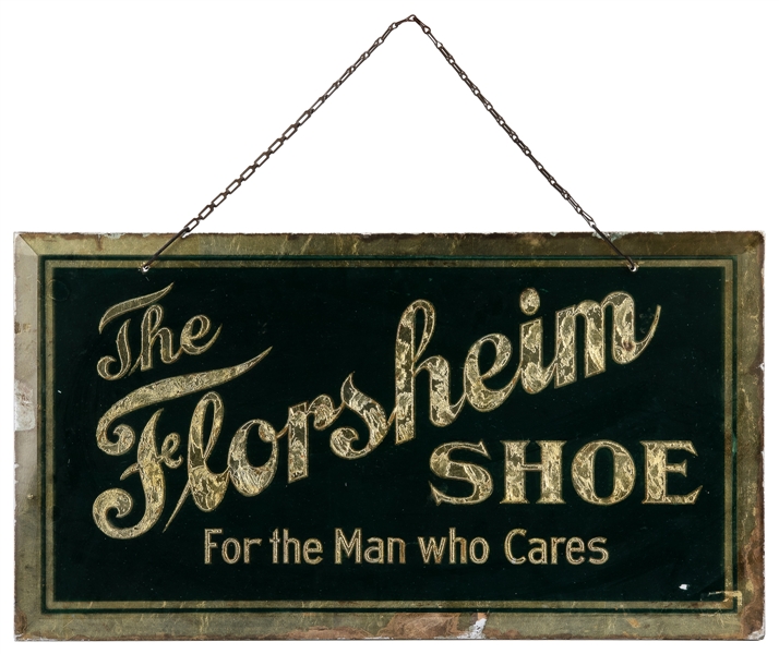  Florsheim Shoe Sign. Chicago: ca. 1900s. Reverse painted gl...