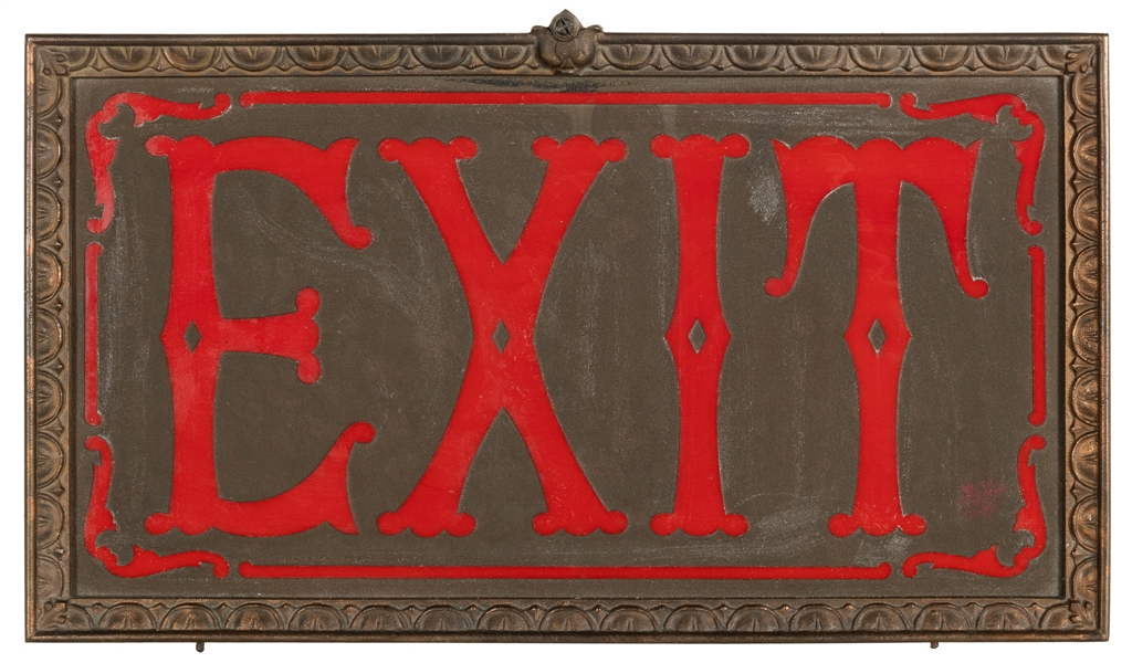  Theater Exit Sign. Circa 1920s. Ornate red glass panel exit...