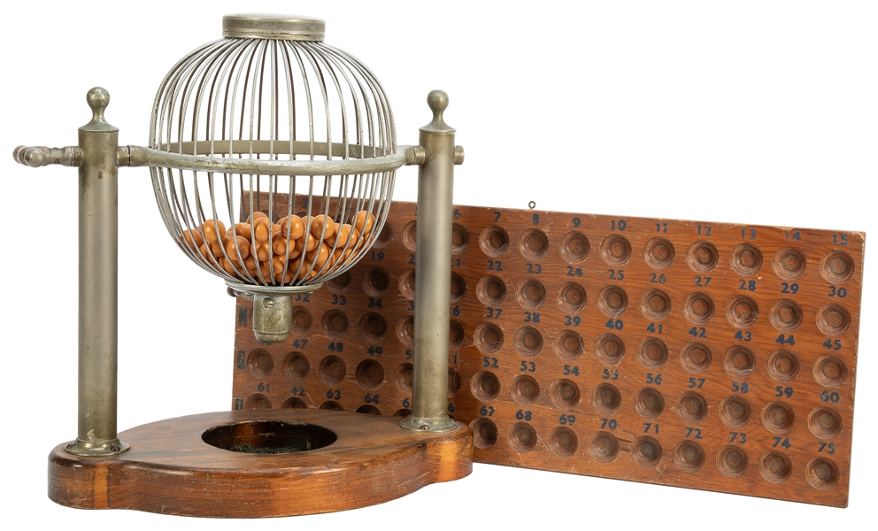  Bingo Cage and Board. Circa 1920s-1940s. Spinning bingo cag...