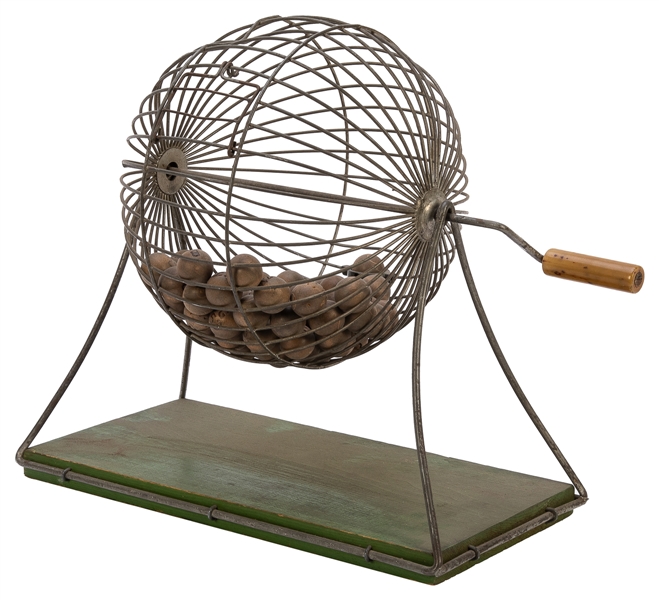  Bingo Cage. Circa 1920s-1930s. Spinning bingo cage on a woo...