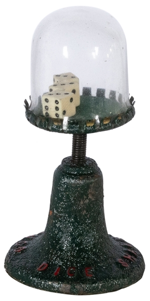  Bunco Dice Shaker. Circa 1930s-1950s. Three dice on green f...