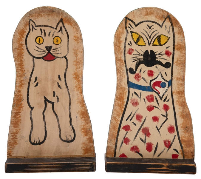  Two Carnival Painted Wooden Knockdown Cat Figures. Stencil-...