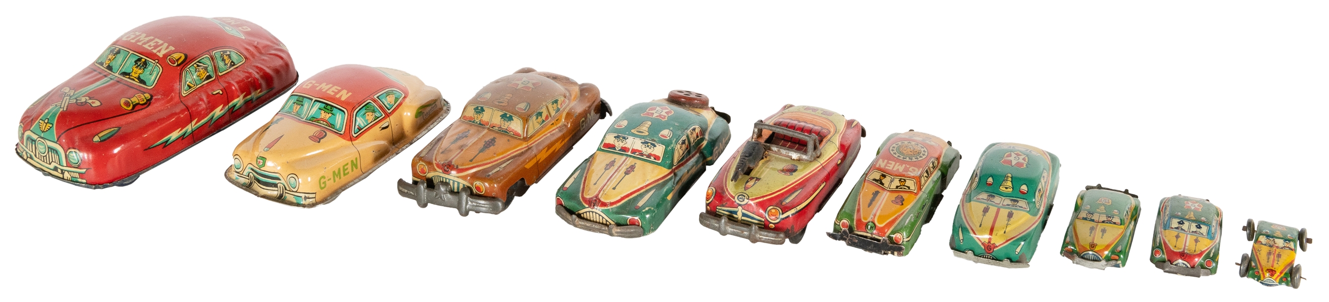  Group of Ten Lithographed Tin “G-Men” Cars, Five of Which A...