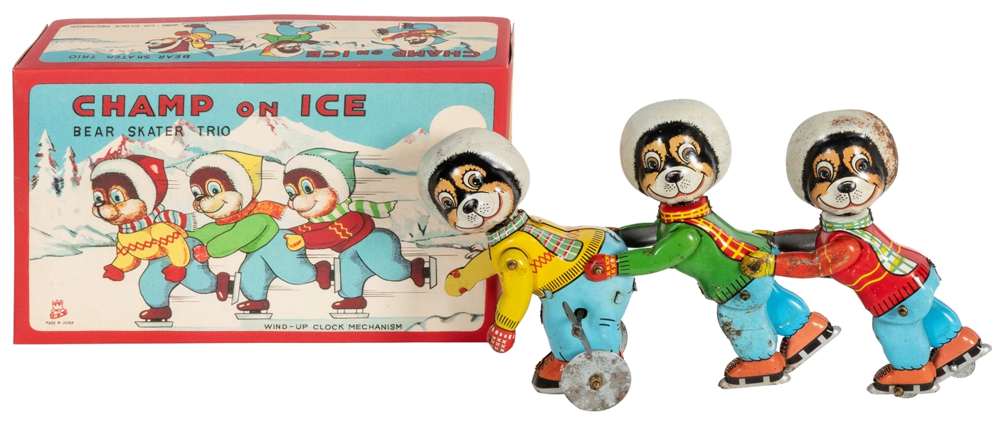  TPS “Champ on Ice Bear Skater Trio” Wind-Up Tin Skating Bea...