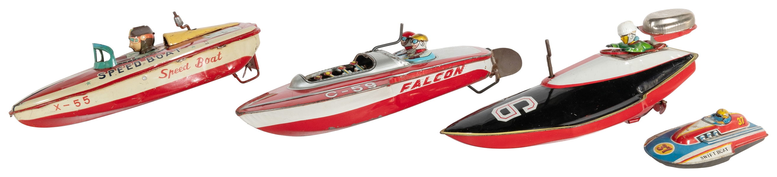  Four Wind-up Tin Speedboats. [Japan: ca. 1950s]. Four tin s...