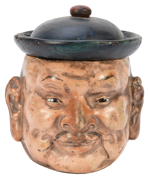  Figural Asian Lidded Composition Jar / Caddy. Circa early 2...