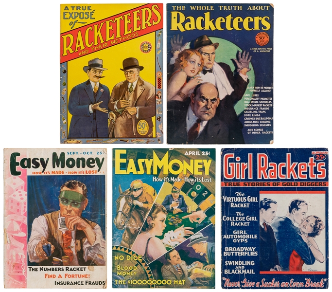  [CRIME]. Group of 5 pulp magazines on swindling, racketeers...