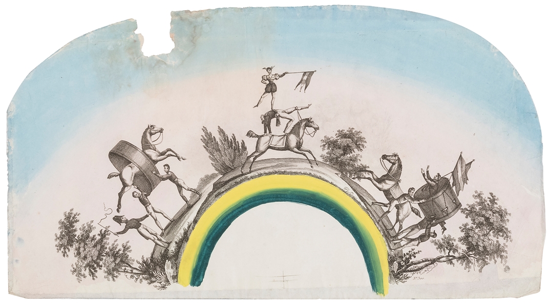  [EQUESTRIAN] Engraved Hand-colored Fan depicting Acrobatic ...