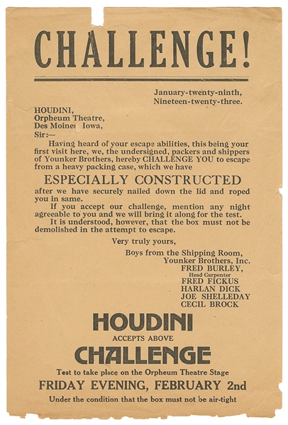  HOUDINI, Harry (Erik Weisz, 1874 – 1926). Houdini Packing B...