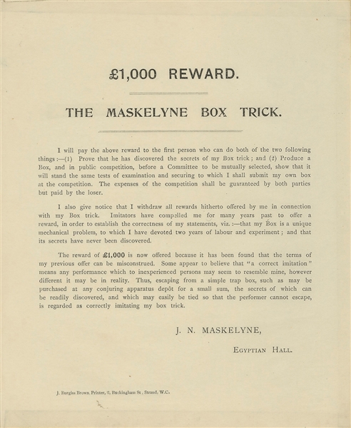  MASKELYNE, John Nevil (1839 – 1917). £1,000 Reward Box Tric...