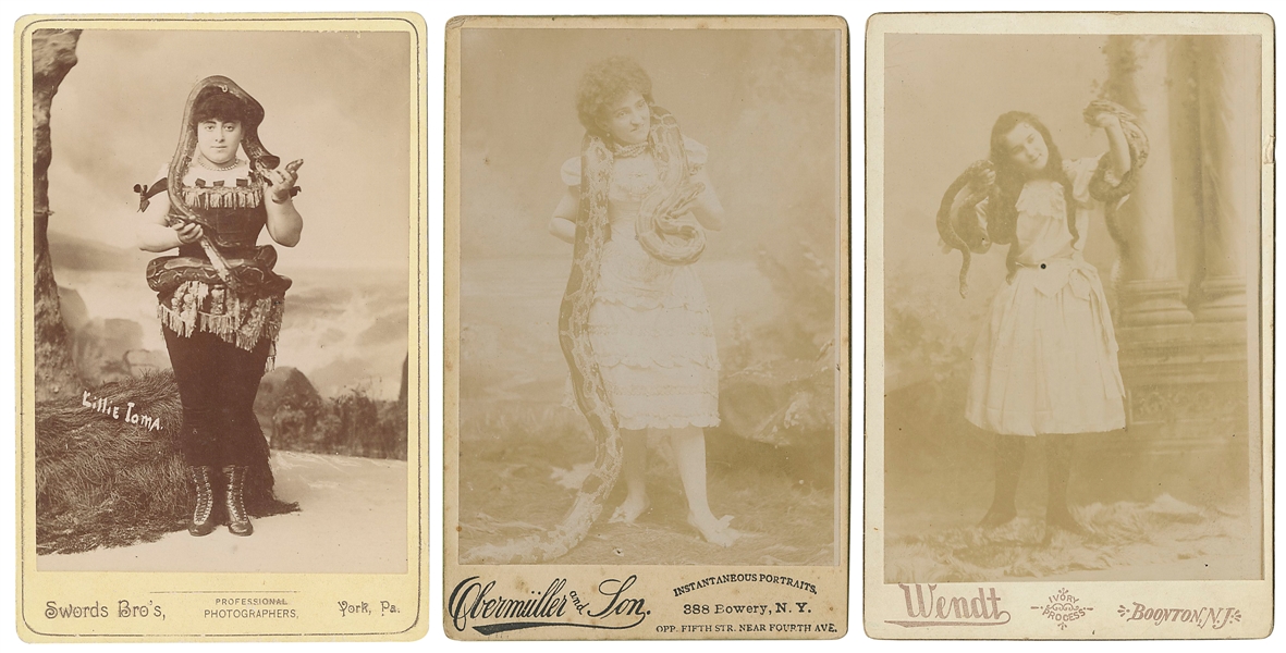  [SNAKE CHARMERS]. Group of 3 Cabinet Card Photographs. Cabi...