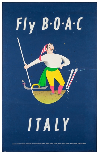  COSOMATI, Aldo (1895-1977). Fly BOAC / Italy. Circa 1950s. Silkscreen. Airline poster w...