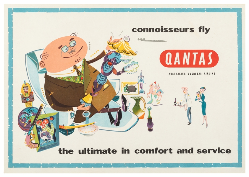  Connoisseurs Fly Qantas. Circa 1950s. 13 5/8 x 19 ½”. Linen...