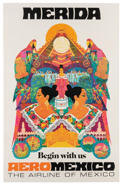  Merida / Aeromexico. 1970s. Airline poster with a colorful ...