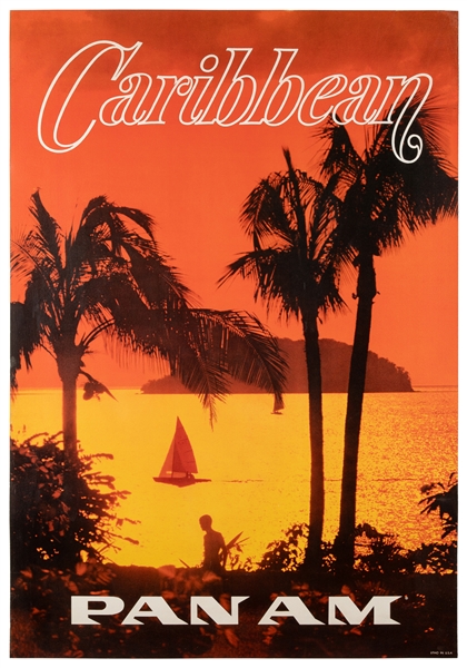  Pan Am / Caribbean. 1960s. Airline poster with a sunset ima...