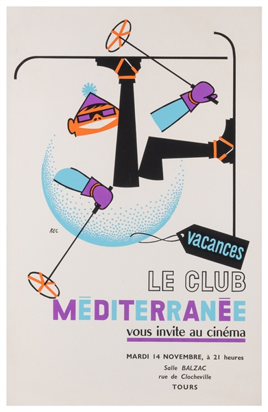  BEC. Le Club Mediterranee. France, 1960s. Color poster prom...