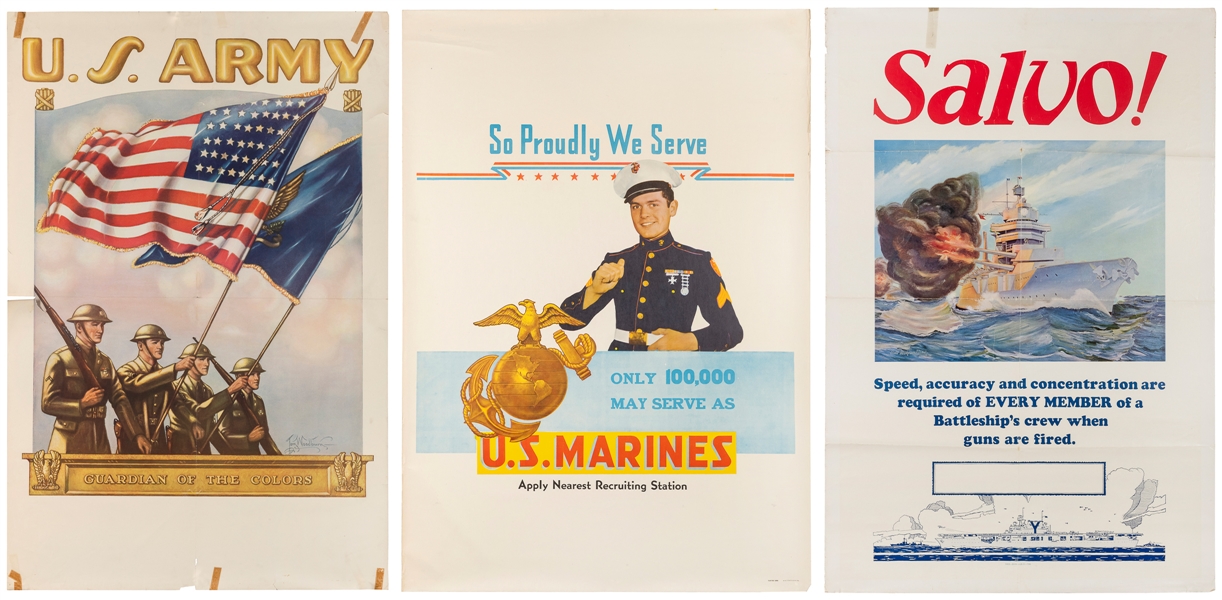  Group of 3 World War II recruitment posters. 1930s-40s. Inc...