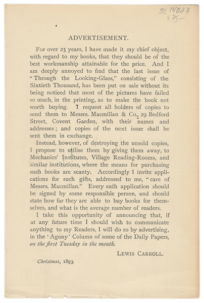  DODGSON, Charles Lutwidge (“Lewis Carroll”) (1832-1898). An...