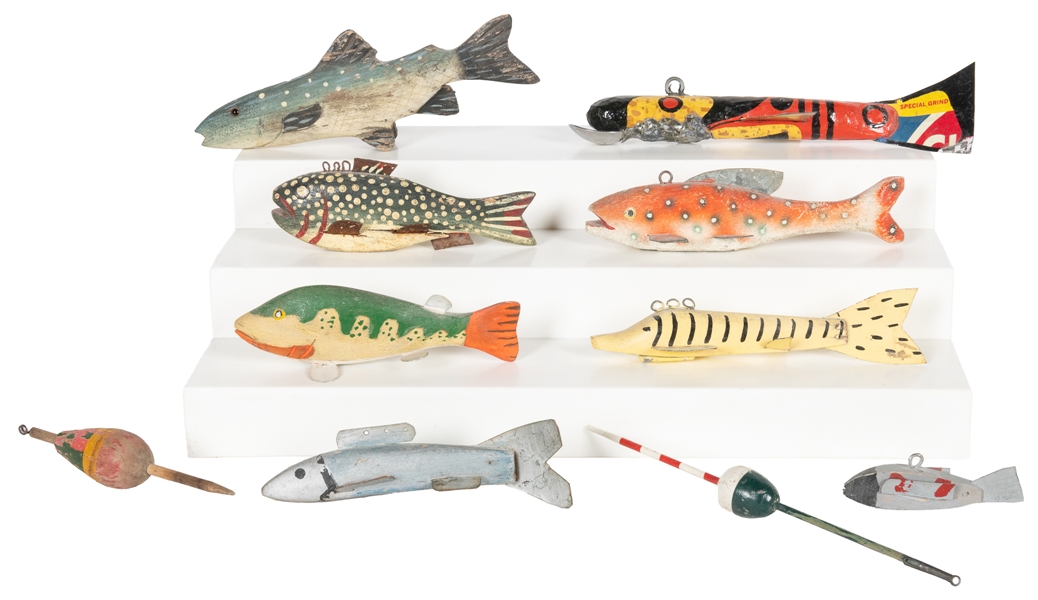  [FOLK ART] Artists Unknown. Eight Fish Decoys, 2 Bobbers. (...