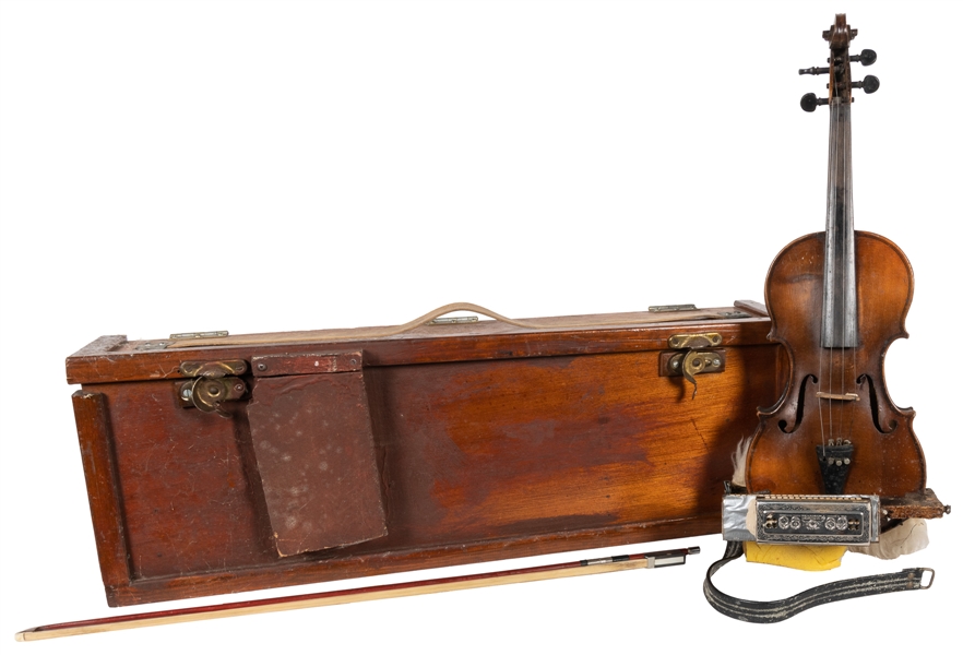  [FOLK ART]. Fiddle and Harmonicas in Case (One-Man Band). F...