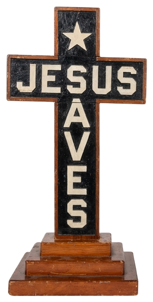  [FOLK ART]. Countertop Hand-Carved, Painted Cross, “Jesus S...