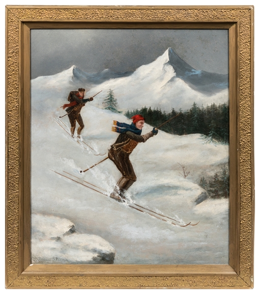  [FOLK ART PAINTING] Artist Unknown. Two Skiers. ca. 1930’s....