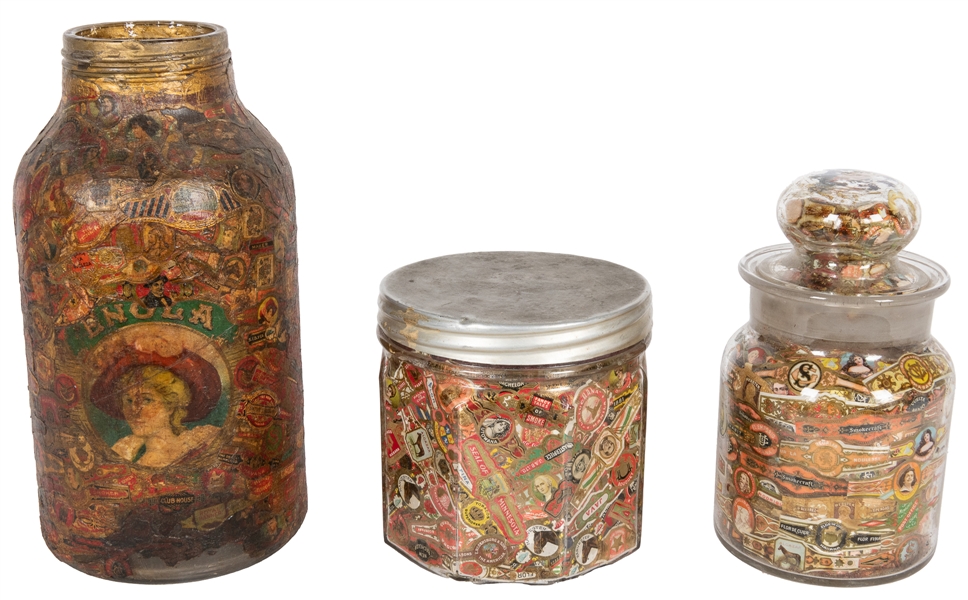  [FOLK ART]. A Trio of Cigar Label-Decorated Jars. [Ca. 20th...