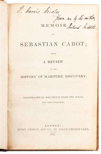  [BIDDLE, Richard (1796-1847)]. A Memoir of Sebastion Cabot;...