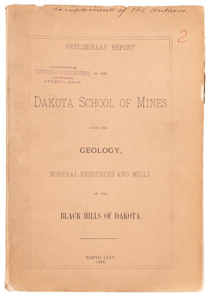  [BLACK HILLS]. Preliminary Report of the Dakota School of M...