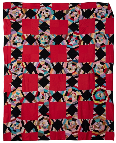  [FOLK ART QUILT TOP]. Diamond in a Square with Spiderweb Pa...