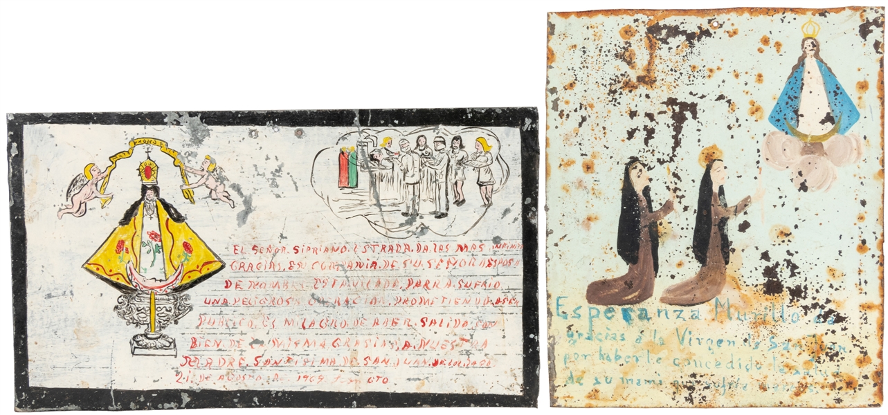  [MEXICAN FOLK ART]. A Group of Four Hand-Painted Ex-Voto Re...